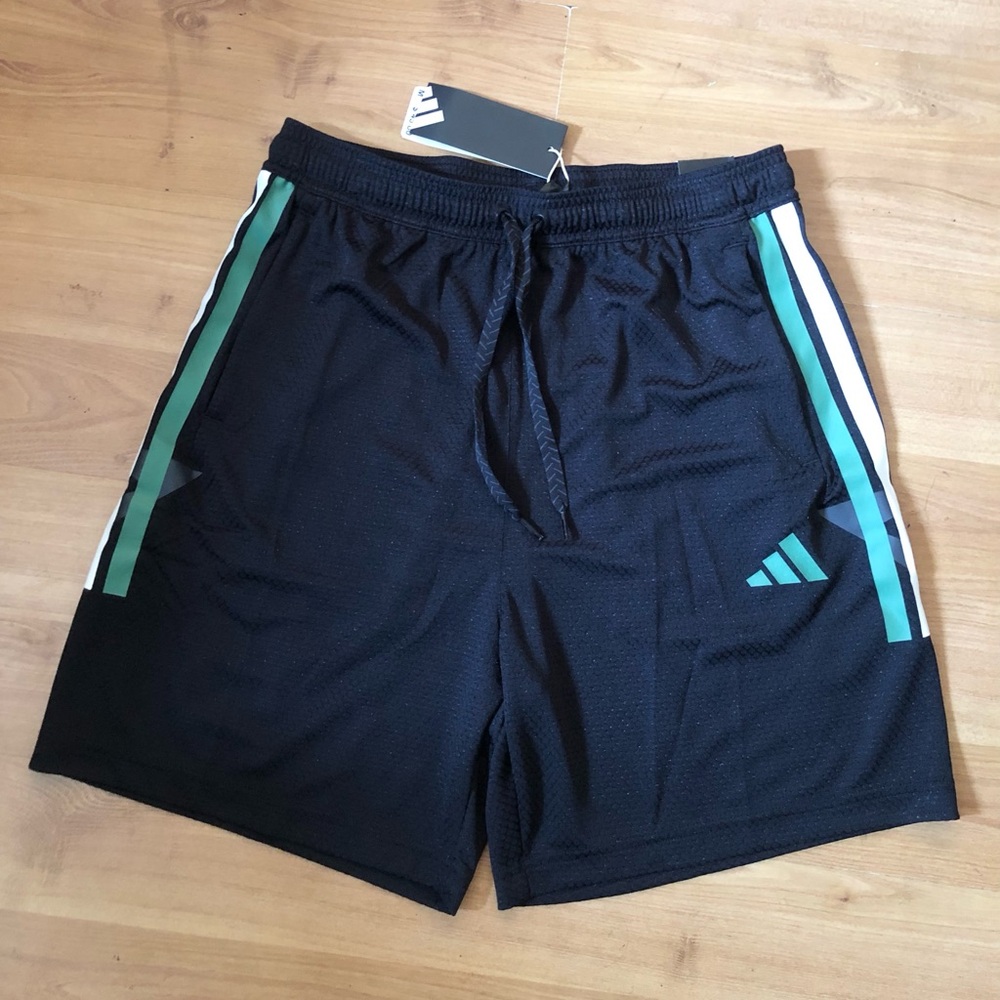 Adidas Tiro Shorts Reg Fit Black with white/Green stripes Medium Size NEW